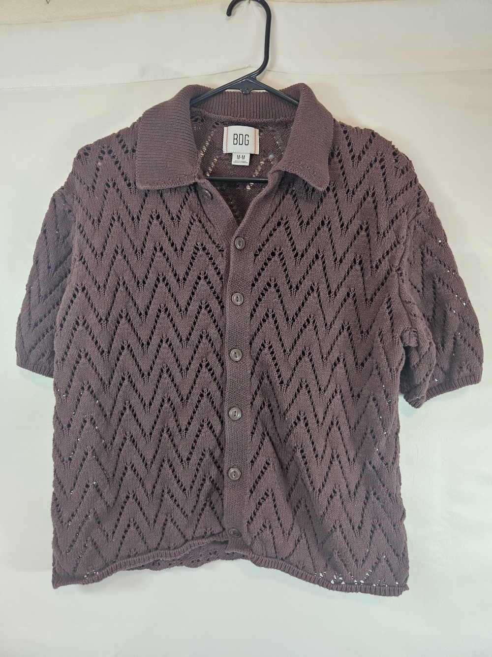 BDG Short Sleeve Knit Button-Up Top in Brown